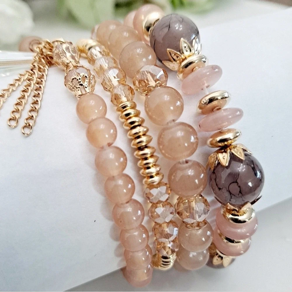 Boho Elastic Beaded gold pink Charm Bracelet Stretch multilayer set 💖2/$30 - Picture 9 of 11